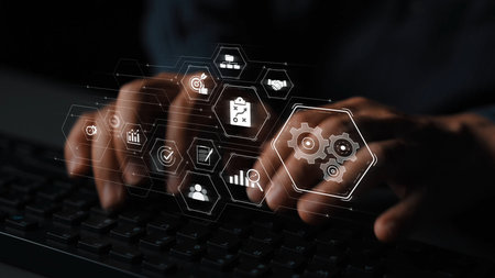 Business management system showing teamwork, productivity, and planning. Management supports goal, management tracks progress, management improves teamwork, and enhances productivity.の写真素材