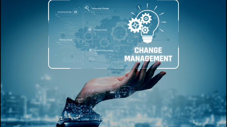 Change management strategy combining innovation, globalization, and teamwork to enable business transformation and emotional engagement in modern organizations.の写真素材