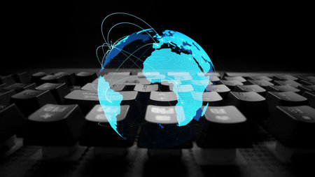 Global network connection visualization showing data exchange, digital link, worldwide communication. Global data flow and digital network infrastructure connecting regions around the world. Thunkの写真素材