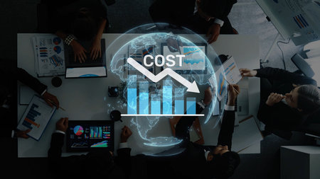 A professional business meeting focused on cost analysis, featuring a dynamic global chart and a...