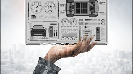 Smart interface showing electric vehicle performance, battery system, power control, charging status, and integration with renewable and grid-based energy sourcesの写真素材