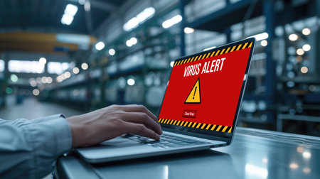 Virus warning alert on computer screen detected brisk cyber threat , hacker, computer virus and malwareの素材