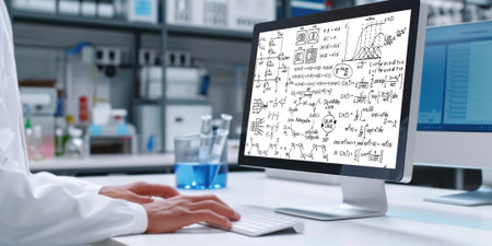 Mathematic equations and brisk formula on computer screen showing concept of science and educationの素材