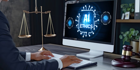 AI ethics responsibility standard law and rules on computer screen provide report of AI ethic transparency preventing technology crime. briskの素材