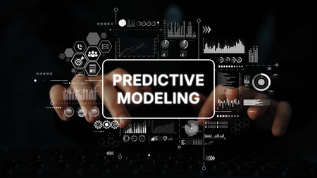 Hands Typing on Keyboard with Predictive Modeling Concepts Displayed in Data Visualization and Graphs. Asymptotic smart data analytic.の写真素材