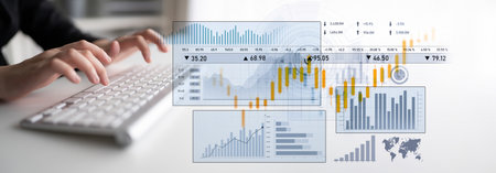 Businessperson engaged in investment analysis while typing on a keyboard, with detailed financial...