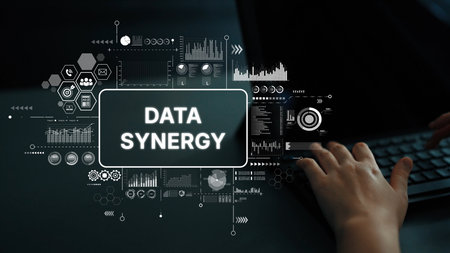 Hands Typing on Keyboard with Data Synergy Concept and Analytics Elements in Background for Technology Images. Asymptotic smart data analytic.の写真素材
