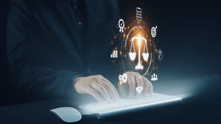 Futuristic digital law interface displaying justice scale, highlighting digital law, AI compliance,...