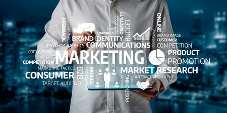 Explore a dynamic visual representation of marketing concepts showcasing strategies for brand identity, consumer engagement, and market research in a digital landscape. Tesselの写真素材