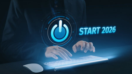 Start 2025 concept with futuristic power button symbolizing fresh beginnings, innovation, and...