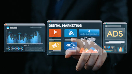 Online ads and digital marketing help brands grow. Content marketing builds engagement. Marketing tools boost ROI. Effective ads and marketing drive online business success. Elideの写真素材