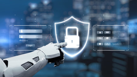 A robotic arm reaches toward a digital lock icon, symbolizing advanced cybersecurity concepts. The...