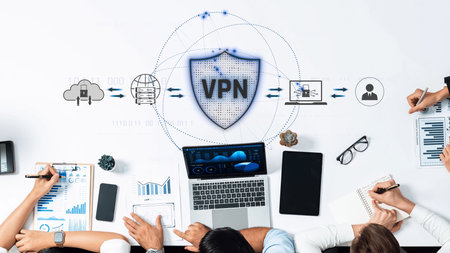 A diverse team of professionals collaborates at a modern workspace, focusing on VPN technology and digital security strategies for data protection and efficient operations. Rasterの写真素材