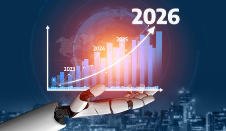 A futuristic robot hand displays a rising growth chart with projected statistics from 2023 to 2026,...