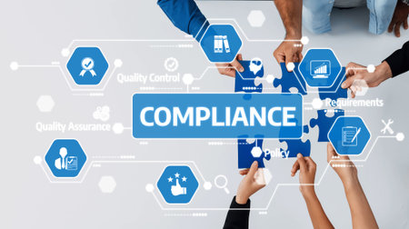 Hands collaboratively fitting puzzle pieces labeled with compliance, quality control, and policies,...
