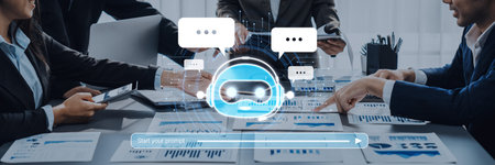 A dynamic business team collaborates in a modern office environment, utilizing a chatbot interface...