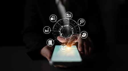 KPI icons show performance metrics, goals, and achievement measurement. KPI helps business track...