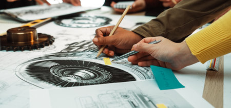 A dynamic workspace filled with hands actively sketching and collaborating on technical drawings, conveying creativity and teamwork in the design and engineering process.の写真素材