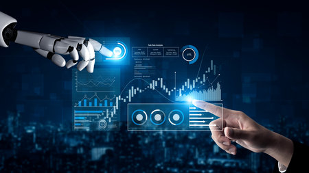 AI analyzing sales data dashboard, visualizing performance metrics, detecting trends, and generating...