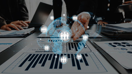 A dynamic business meeting showcasing data analytics, global network visuals, and team collaboration, emphasizing modern office environments and professional interactions. Rasterの写真素材