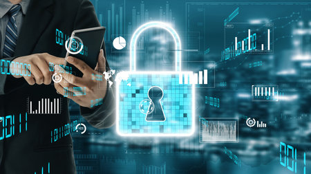 A businessman interacts with a smartphone in a digital environment showcasing a lock symbol. This...