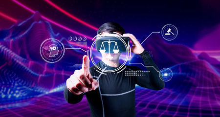 A visual representation of the ethical considerations in artificial intelligence, showcasing the integration of law and governance in the digital and cybersecurity landscape.の写真素材