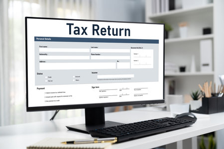 Online tax return form for submitting individual income tax return form brisk on the internet website. Government web for tax payment and return. Taxation technology concept.の写真素材