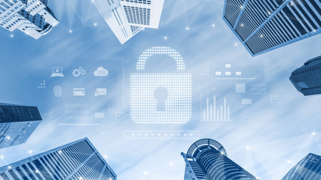 Cybersecurity protection system showing password encryption, fingerprint ID, cloud security, email,...