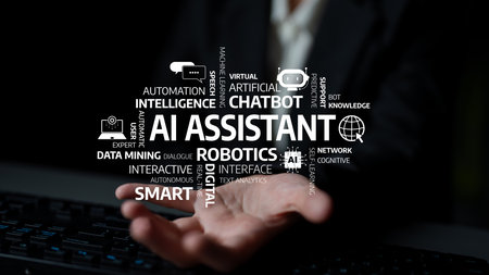 Visual representation of an AI assistant with keywords related to digital technology, robotics, and interaction, highlighting innovation in automation and communication. Tesselの写真素材