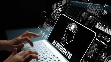 Hands Typing on Keyboard with AI Insights Graphics and Data Visualization on Screen for Technology and Innovation Concepts. Asymptotic smart data analytic.の写真素材