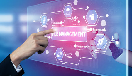 A modern digital interface showcasing file management tools. Features include backup options, data compression, and user-friendly touchscreen interactions for efficient file handling. Tesselの写真素材