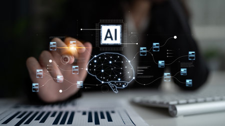 AI neural network and data processing system visualizing artificial intelligence with brain...