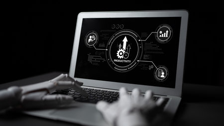 AI boosts workplace productivity with smart tracking tools, workflow optimization, and digital assistants that streamline business operations and enhance efficiency.の写真素材