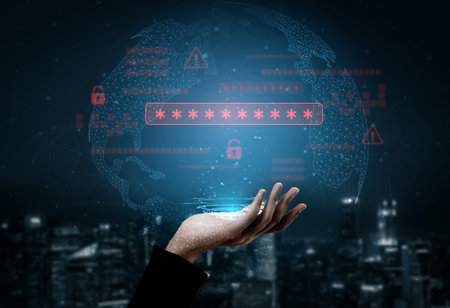 Password security breach warning with red asterisk box, cybersecurity alert, lock icons, and critical vulnerability signals in digital system access Vouchの写真素材