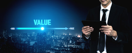 Value measurement and adjustment concept showing value, performance, and optimization level with...