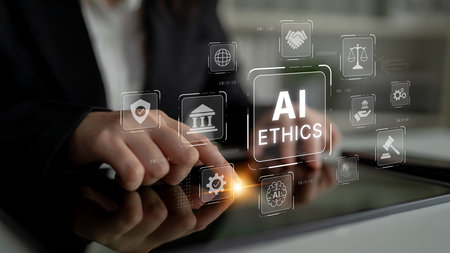 AI is transforming society, raising important ethics questions. Ethics in AI design ensures fairness. AI ethics promote responsible decision. Balancing AI power with strong ethics is essential.の写真素材