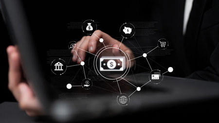 A fintech concept showing a network of digital banking services. This includes secure online payments, global transactions, and e-commerce for the modern financial system.の写真素材