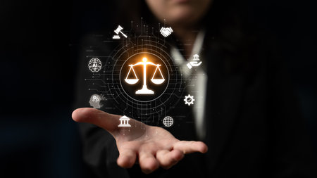 Futuristic digital law interface displaying justice scale, highlighting digital law, AI compliance, digital law systems, and digital law regulations for secure governance. Splineの写真素材