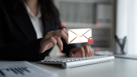 Concept of email security and cybersecurity for confidential communication. Message encryption ensures data privacy and protection from unauthorized access, spam, or phishing threats.の写真素材