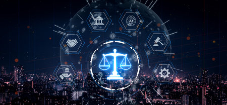 Futuristic digital law interface displaying justice scale, highlighting digital law, AI compliance, digital law systems, and digital law regulations for secure governance.の写真素材
