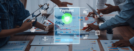 Visual representation of a digital payment system showcasing security measures, human interaction,...