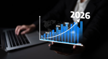 A professional setting displaying futuristic financial growth projections on a laptop and...