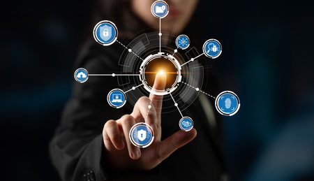 A business professional interacts with a futuristic digital interface, showcasing concepts of...