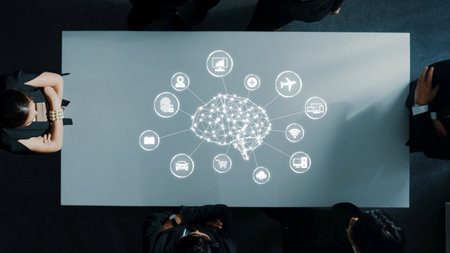 A modern business meeting scene featuring a digital brain network concept, showcasing the intersection of technology and teamwork among professionals engaged in collaboration. Rasterの写真素材