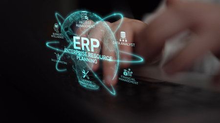ERP platform visual showing centralized system for enterprise resource planning, improving integration, data flow, business efficiency, finance, inventory, and human resources.の写真素材