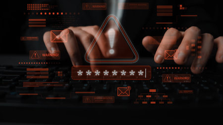 Password security breach warning with red asterisk box, cybersecurity alert, lock icons, and critical vulnerability signals in digital system access Marrowの写真素材