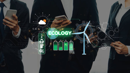 Business professionals utilize technology to explore sustainable solutions in ecology and renewable energy, emphasizing innovation and teamwork for a greener future. Rasterの写真素材