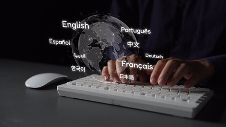 Global communication with multiple languages, digital translation tools, multilingual technology, cross-cultural communication, and virtual language learning environments.の写真素材