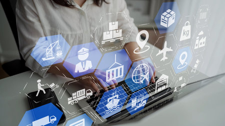 Global shipping icons show transport and cargo delivery. Global shipping connects supply chain, global shipping management, and worldwide goods distribution.の写真素材