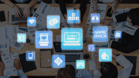 Gaming icons show online gaming, game streaming, and interactive play. Gaming supports esports, game...